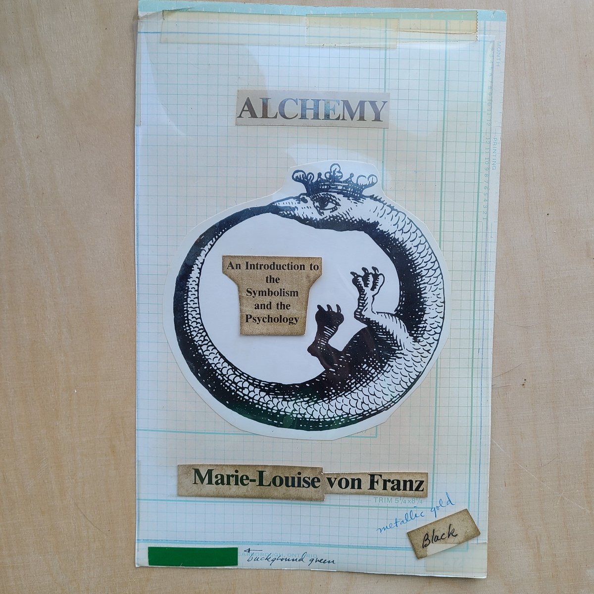 First, the cover art. It's yellowed and darkened. Bits of paper waxed to a non-repro blue grid, and covered with acetate. 

Daryl's handwritten notes: "background green" "black" and "metallic gold"