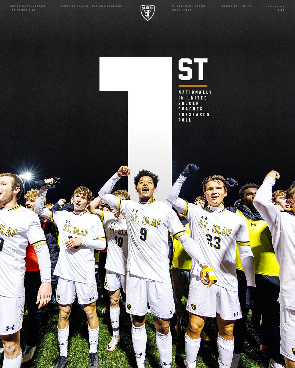 StOlafAthletics's tweet photo. After last season's national title, @StOlafMSOC earned the first preseason #⃣1⃣ ranking in program history in the @UnitedCoaches Top 25!

RELEASE: https://t.co/LieLgGK6zD

#UmYahYah | #OlePride | #d3soc https://t.co/6LqbCya6sM