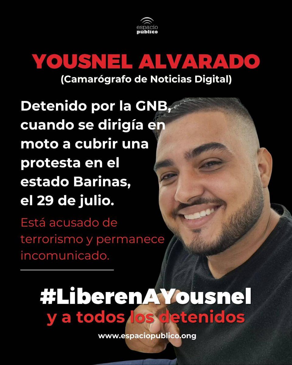 espaciopublico's tweet photo. Yousnel Alvarado es un reportero gráfico del medio Noticias Digital en Barinas. Está detenido desde el #29jul cuando se disponía a cubrir una manifestación.

¡#LiberenAYousnel y a todos los detenidos! https://t.co/dmZSIzP2sC