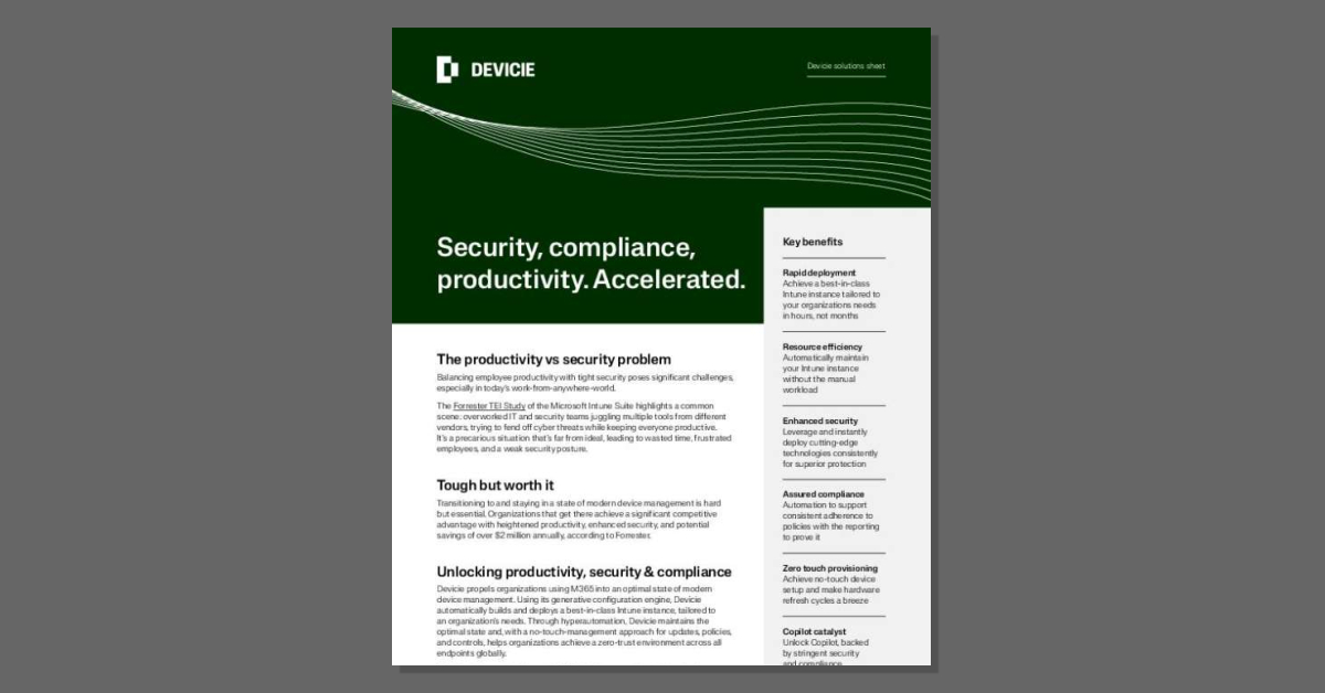 ManAndMachineCo's tweet photo. Streamline your M365 management with Devicie! Unlock rapid deployment & enhanced security in hours.π Perfect for the work-from-anywhere world. #Devicie #ModernManagement #ZeroTrust #CloudSecurity https://t.co/GBhPTZCryK https://t.co/wjwDO5De6O