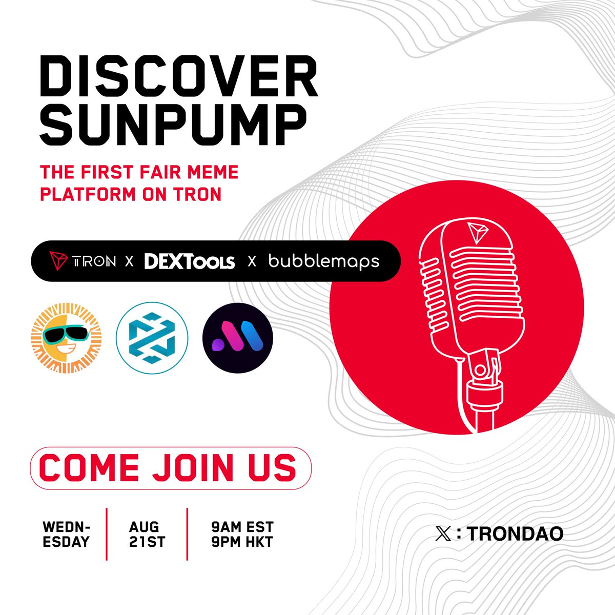 Let's talk all things #SunPump, the first fair meme platform on #TRON! ☀️

We'll be joined by <a href="/sunpumpmeme/">ba cku p</a> , <a href="/DEXToolsApp/">DEXTools</a> , and @Bubblemaps.

This Wednesday, 8/21 at 6 am PST, 9 am EST and 9 pm HKT. 🗓️

Mark your calendars 👇
x.com/i/spaces/1OyJA…