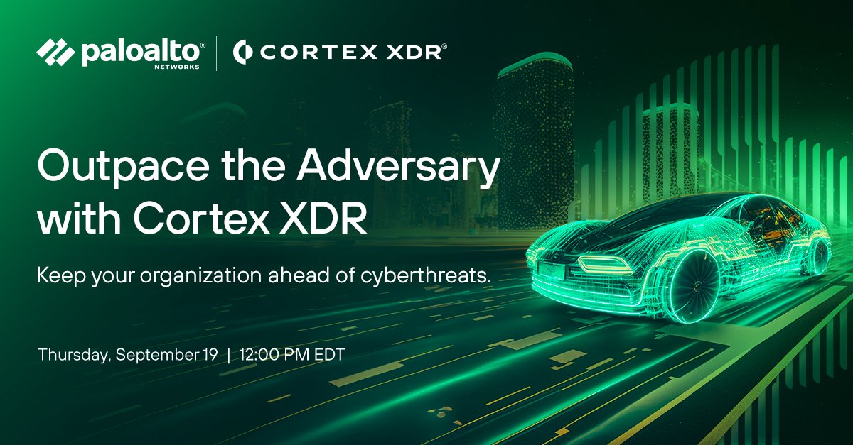 JimBeasleyCA's tweet image. Join Palo Alto Networks on Sep 19 to explore the latest strategies for staying ahead of cyberthreats with Cortex XDR. Learn about expert insights, advanced defense techniques, and more register.paloaltonetworks.com/outpacetheadve… #Cybersecurity #CortexXDR