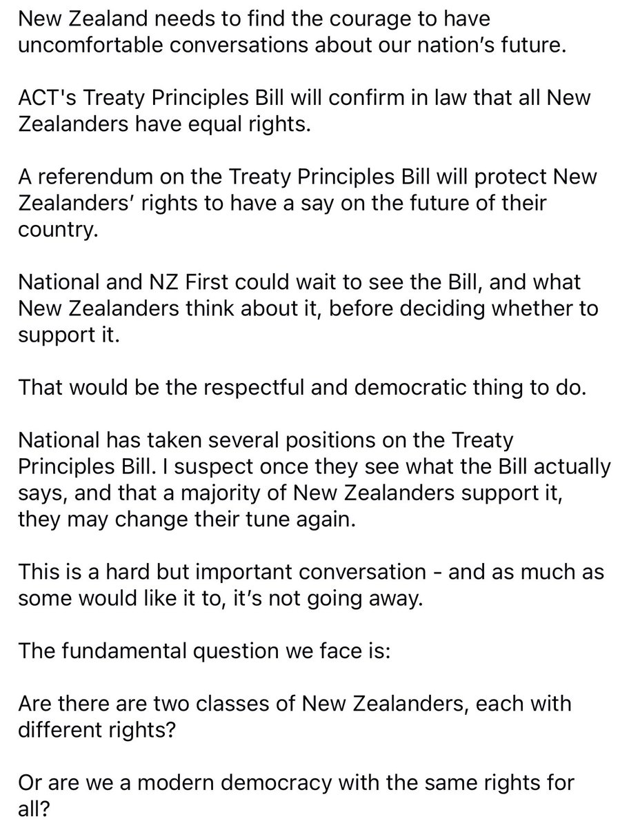dbseymour's tweet photo. National and NZ First could wait to see the Treaty Principles Bill, and what New Zealanders think about it, before deciding whether to support it. That would be the respectful and democratic thing to do. https://t.co/Ks8MdWYlWy