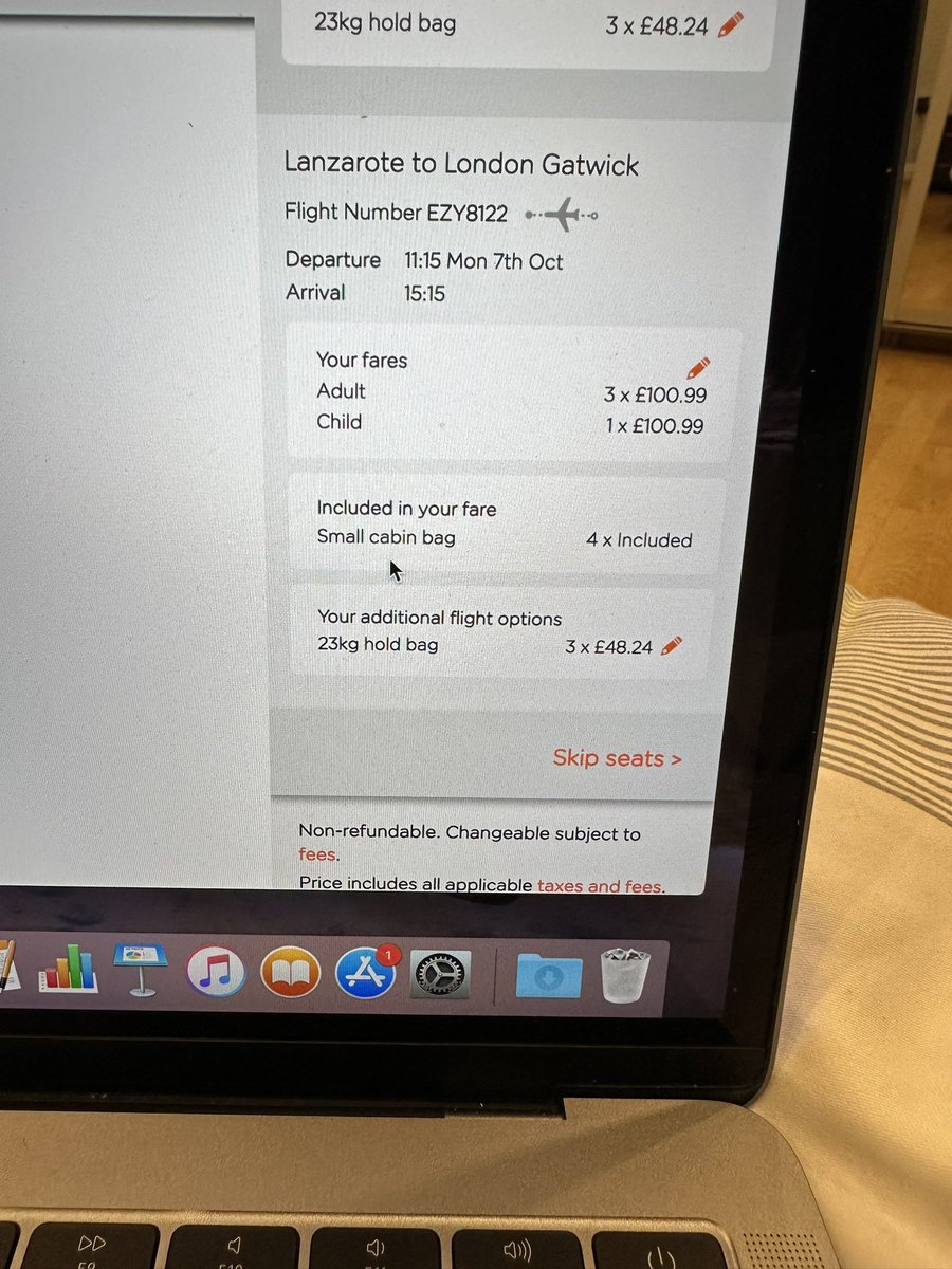 shyeeezy's tweet photo. @easyJet I’m trying to book flights to/from Lanzarote in October. The return to Gatwick has the same rate for a child as adult. Shouldn’t it be £12 cheaper? The outbound flight is but this one isn’t? https://t.co/IgTrCxbFYY