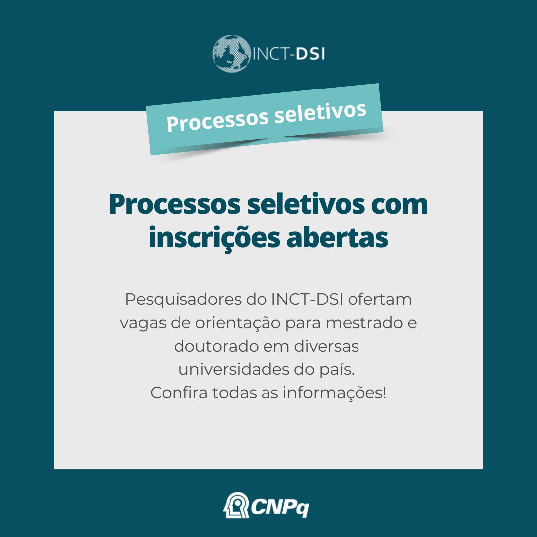📣 Oportunidade! Pesquisadores vinculados ao INCT-DSI dispõem de vagas de orientação de mestrado e doutorado em processos seletivos de PPGs de diversas regiões do país. 

📌No nosso site, você tem acesso a todos os editais ;) 
inctdsi.uff.br/2024/08/19/pro…

 #mestrado #doutorado