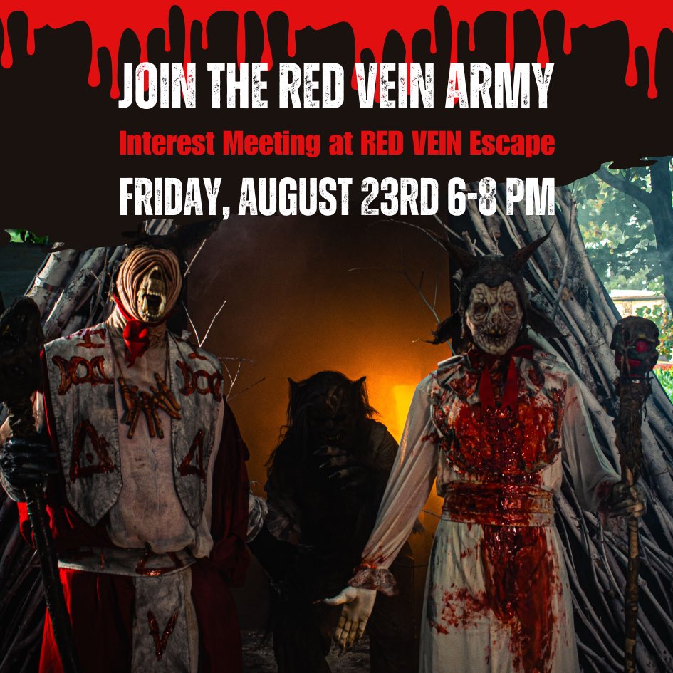 Final public interest meeting is this Friday at <a href="/redveinescape/">RED VEIN Escape</a> in downtown Ashland. Want to work for RED VEIN this haunt season? Let’s talk! Now hiring scare actors, front of house crew, makeup artists and security. 🎃