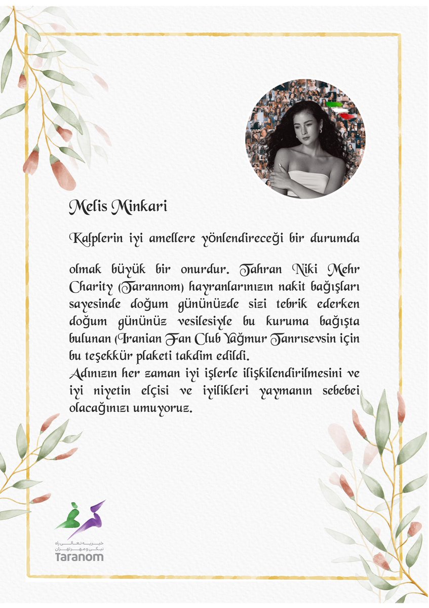 Melismızın doğum günü için İranlı hayranları olarak ona bir hediye vermek istedik ve onun adına Tarannom hayır kurumuna destekte bulunduk. Seni çok seviyoruz, iyi ki doğdun güzel Melisimiz🩷🥹🇮🇷<a href="/melisminkarii/">Melis Minkari</a> 

#MelisMinkari