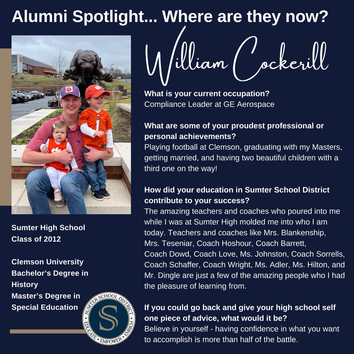 Sumter School Dist. (@sumterscschools) on Twitter photo Alumni Spotlight... Where are they now? William Cockerill, Sumter High School Class of 2012 #allinforssd <a href="/DrWrightSupt/">Dr. William T. Wright, Jr.</a> Alumni Spotlight... Where are they now? William Cockerill, Sumter High School Class of 2012 #allinforssd <a href="/DrWrightSupt/">Dr. William T. Wright, Jr.</a>