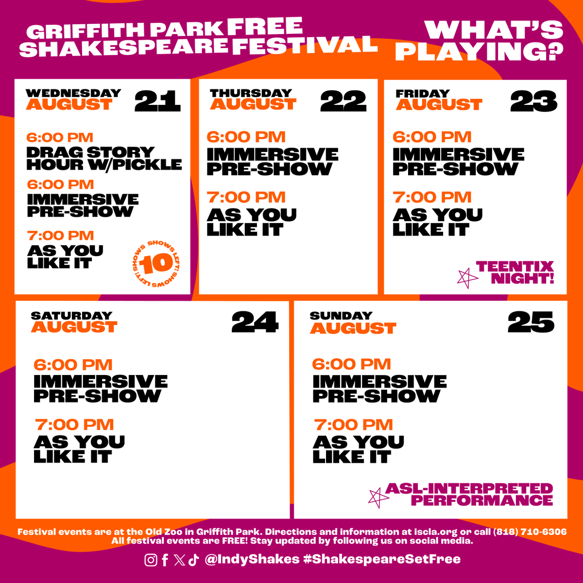 Only 10 days left to experience the magic! Join us for the penultimate week of As You Like It! Visit iscla.org for directions &amp; more information. Don’t miss out!