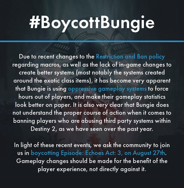 PoweredByElectr's tweet image. Bungie has pushed things too far. I implore you to skip Act 3 on August 27th. This is not how you treat players. #BoycottBungie