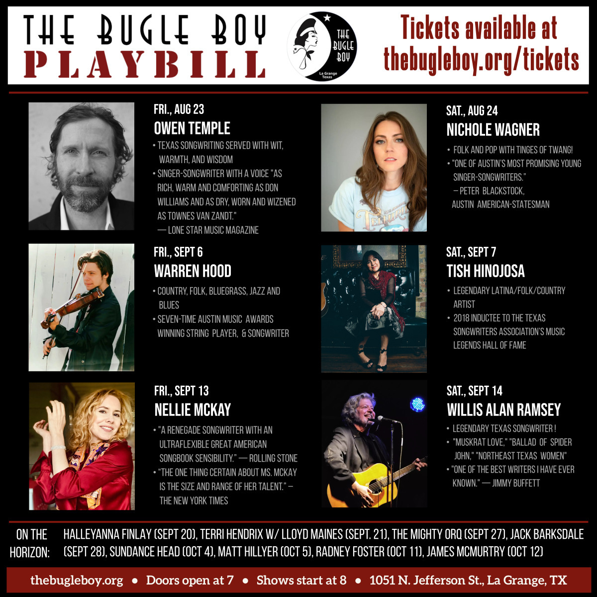 Upcoming Shows! thebugleboy.org/tickets

#livemusic #lagrangetx  #roundtoptx #singersongwriter