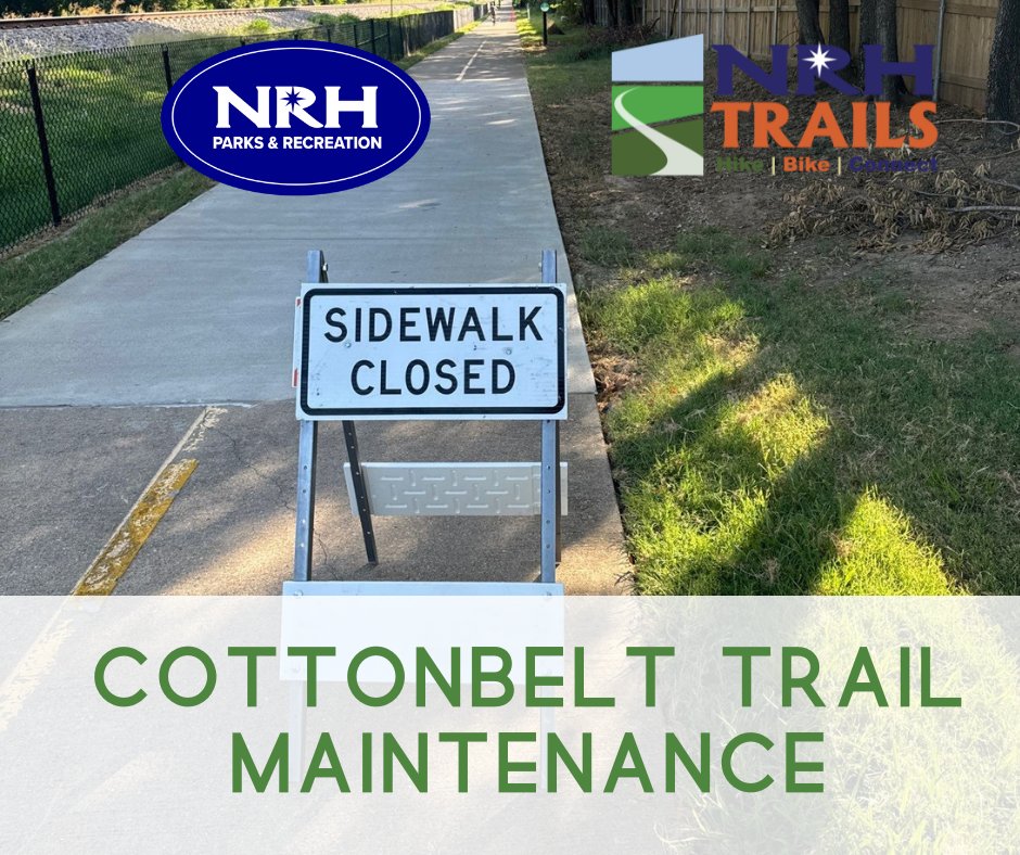 NRH Trail Maintenance Notice: Drainage work is occurring this week along the Cottonbelt Trail between Eden Rd and Precinct Line. The work is anticipated to take two weeks. The trail will remain OPEN with short closures to bring in equipment. Thank you for your cooperation!