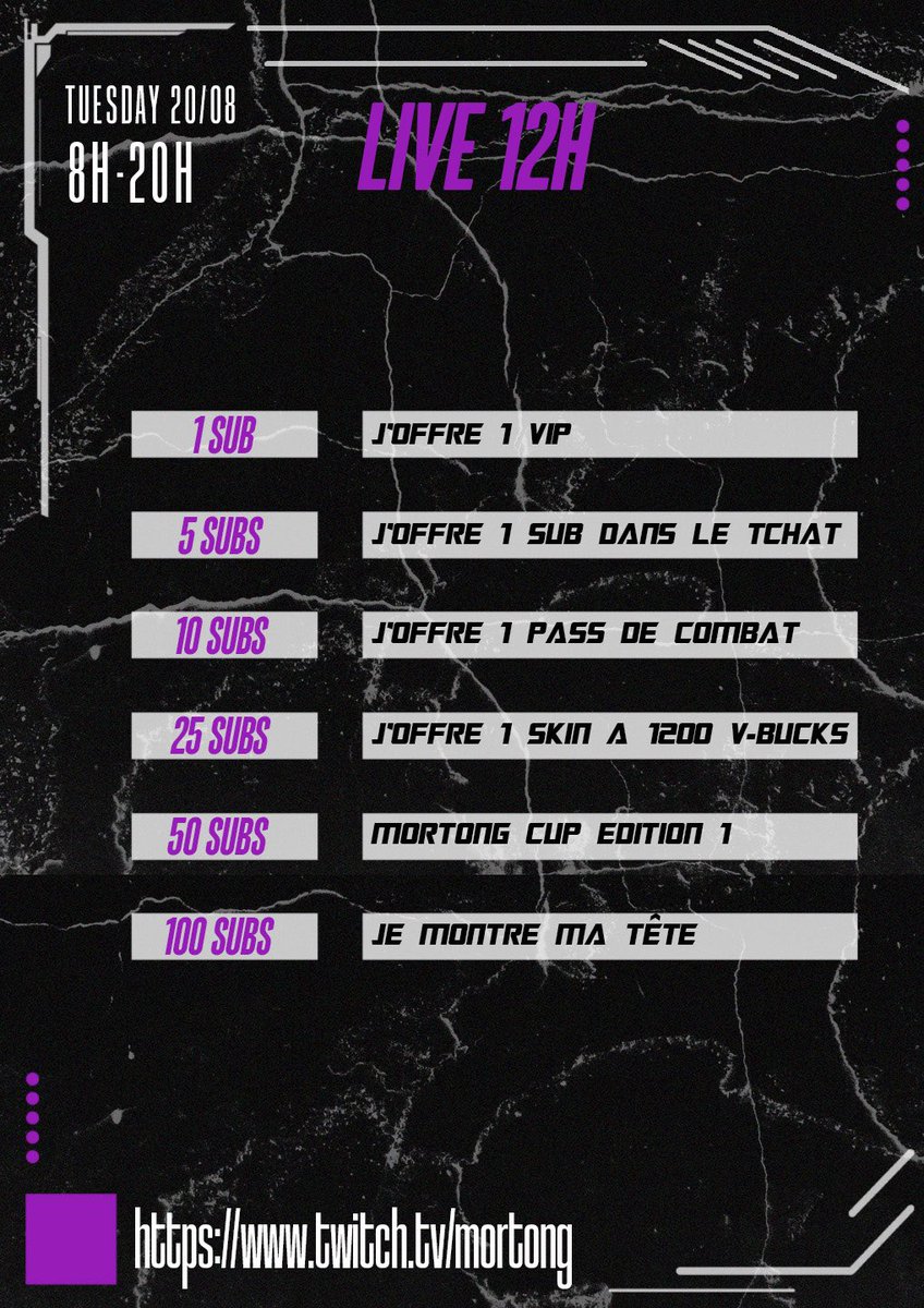 mortong29's tweet photo. 🚨Live 12H 🚨
Demain a lieu mon premier stream affilié donc pour fêter sa Big live 12h avec des Subgoals ! Je vous attends nombreux !🤯
❤️X 🔁

https://t.co/BJR9kVICmo https://t.co/GBhzNbrAHr