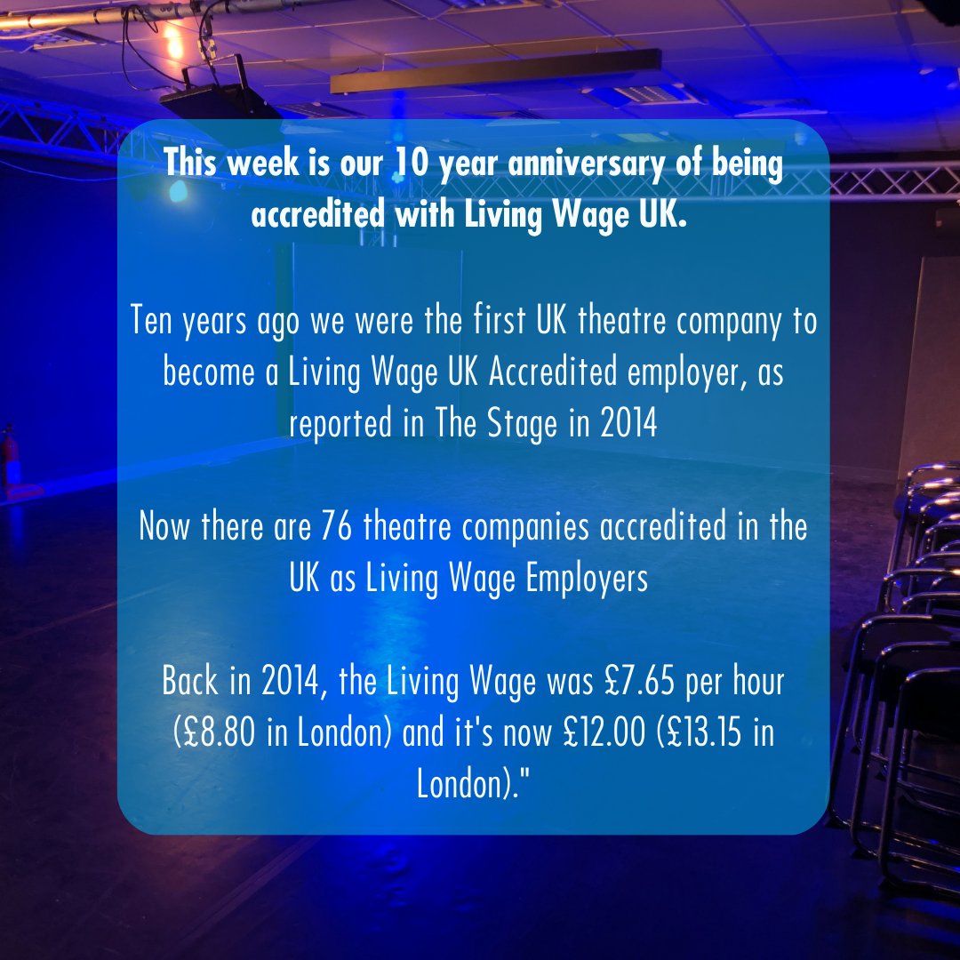 🥳This week is our 10 year anniversary of being accredited by the <a href="/LivingWageUK/">Living Wage Foundation</a> - the first UK theatre company to do so! 

Back in 2014, the Living Wage was £7.65 per hour (£8.80 in London) and it's now £12.00 (£13.15 in London).

livingwage.org.uk