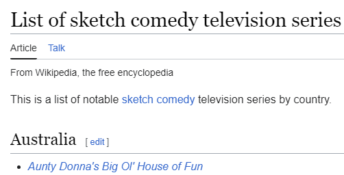 thetomska's tweet photo. Love that @AuntyDonnaBoys's Big Ol' House of Fun will likely remain the very first entry on Wikipedia's list of every sketch comedy show ever (unless Afghanistan, Algeria, or Argentina decide to invest in goofs and gaffs) https://t.co/fzoGmajl6W