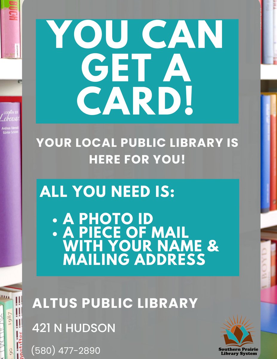 SPLSAltus's tweet photo. 📚✨ Want a library card? It’s easy! Just bring a photo ID and a piece of mail (from the last 3 months) with your name &amp; address. Swing by and get ready to explore a world of books! 🚀 #LibraryCard #GetReading #LibraryLove https://t.co/g780FaHcjH