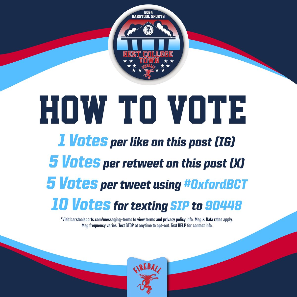 BarstoolOleMiss's tweet photo. 🚨OXFORD, ROUND OF 32 VOTING HAS BEGUN🚨

Retweet THIS POST or Tweet #OxfordBCT on X!
Text SIP to 90448! Make sure to confirm so your vote counts

Best College Town Round of 64 presented @FireballWhisky https://t.co/s5oSkkqQXs