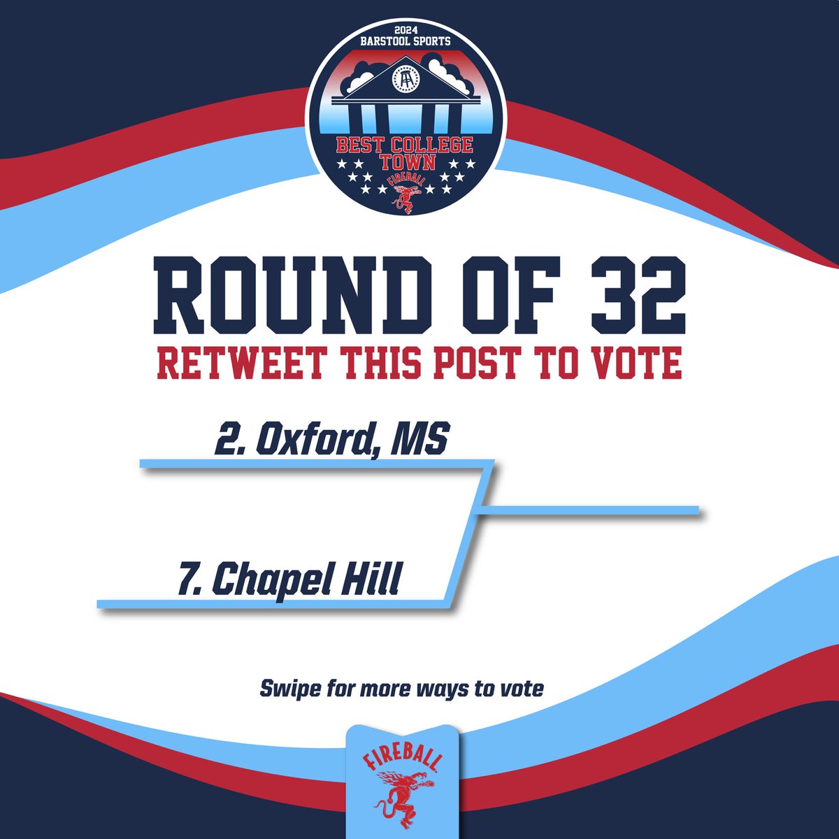 BarstoolOleMiss's tweet photo. 🚨OXFORD, ROUND OF 32 VOTING HAS BEGUN🚨

Retweet THIS POST or Tweet #OxfordBCT on X!
Text SIP to 90448! Make sure to confirm so your vote counts

Best College Town Round of 64 presented @FireballWhisky https://t.co/s5oSkkqQXs