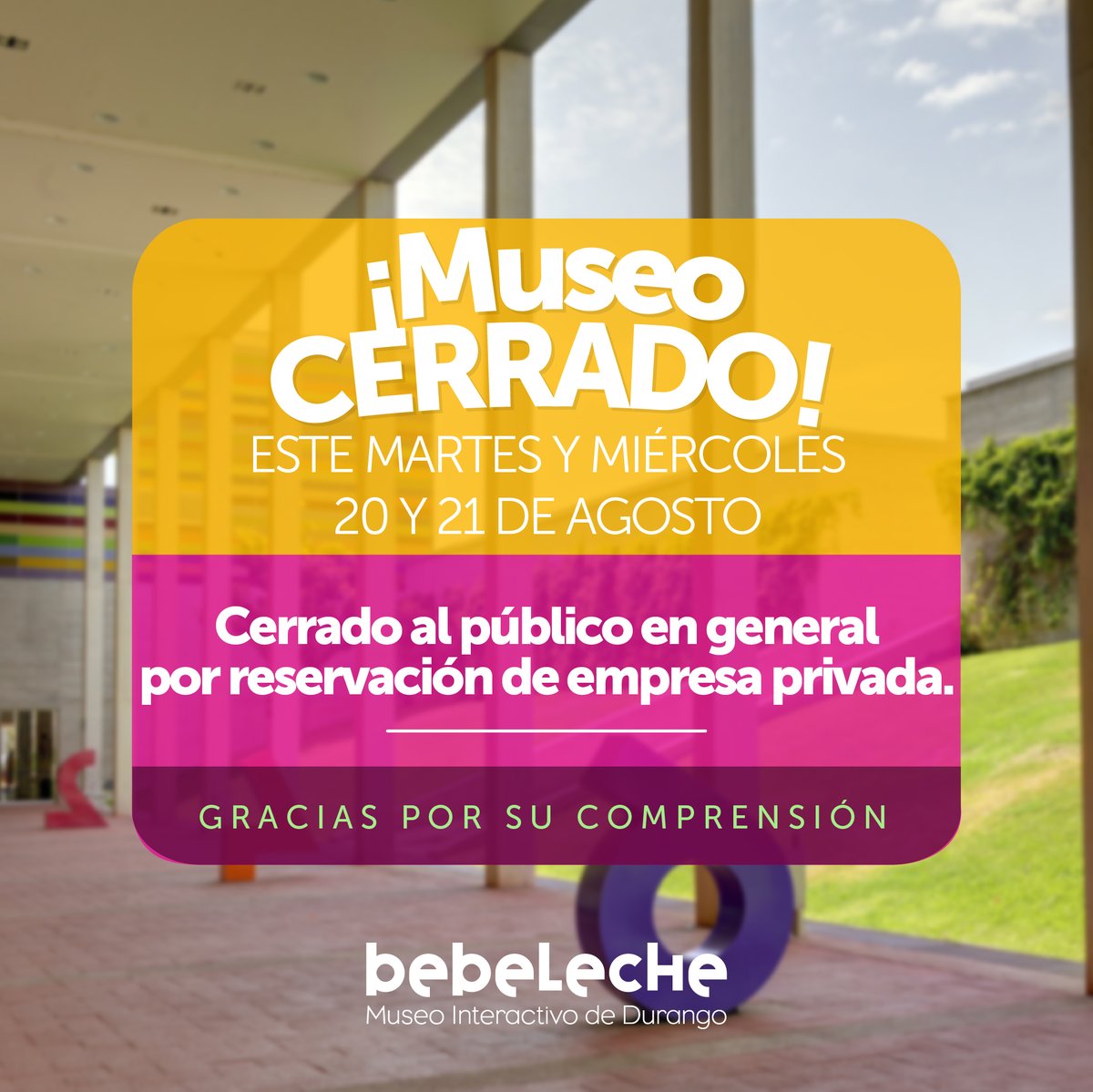 📷 ¡Aviso importante!
El Museo estará cerrado los días 20 y 21 de agosto para  un evento privado. 📷

#MuseoCerrado #EventoPrivado #NosVemosPronto