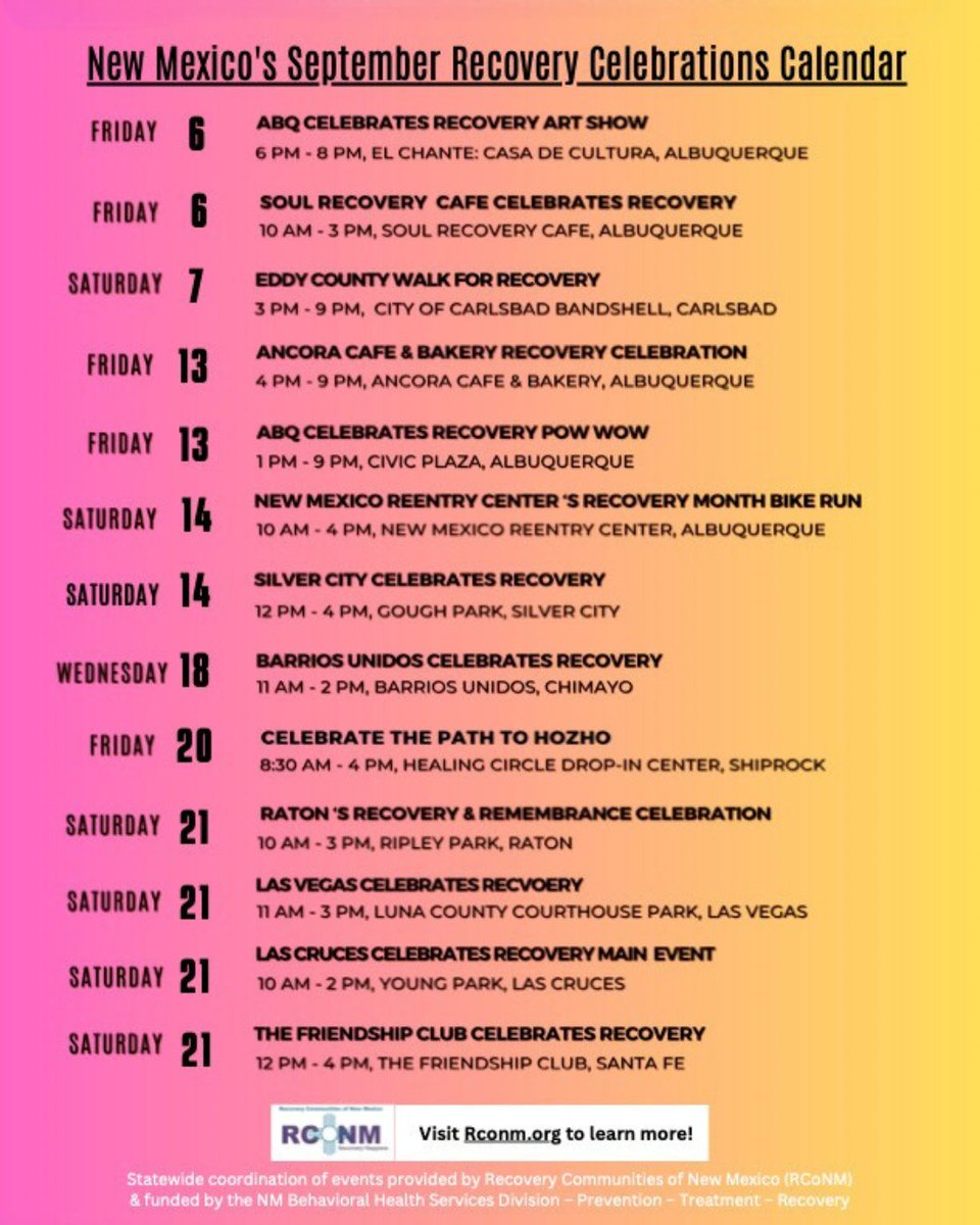 September is National Recovery month, and we’re inviting you to save the date and celebrate with us. 

Recovery is hard, and deserves to be recognized. During the month of September we’ll be celebrating all kinds of recovering.

Save these dates, and join us.