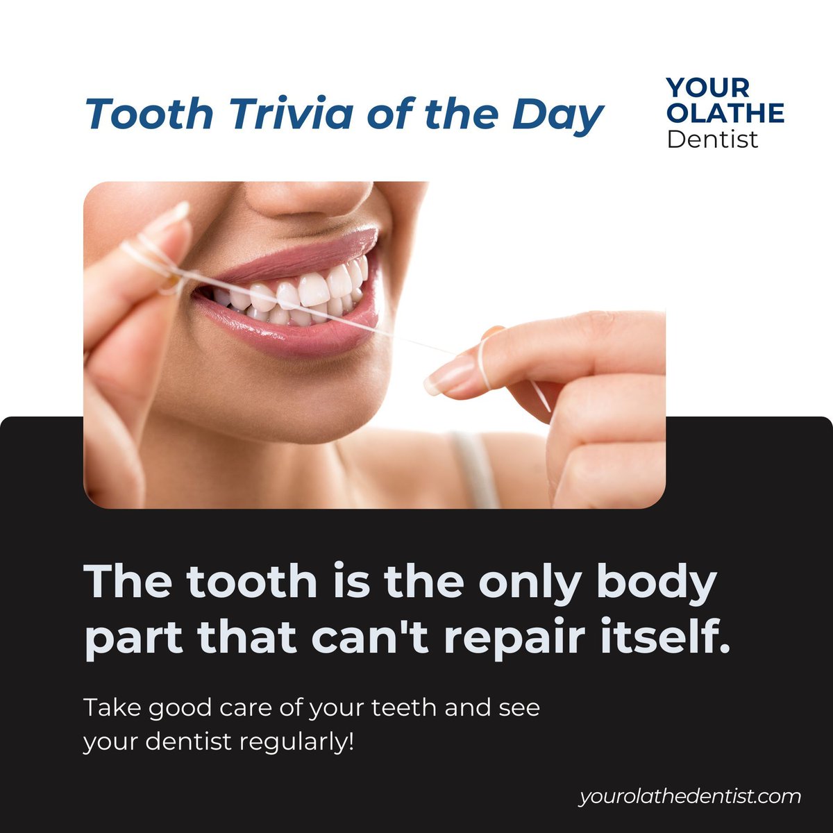 YourOlatheDDS's tweet image. Tooth Trivia of the Day: The tooth is the only part of the body that can't repair itself! That's why it's so important to take good care of your teeth and visit your dentist regularly. We're now accepting most insurances! Book your appointment now!

#ToothTrivia #OlatheDentist
