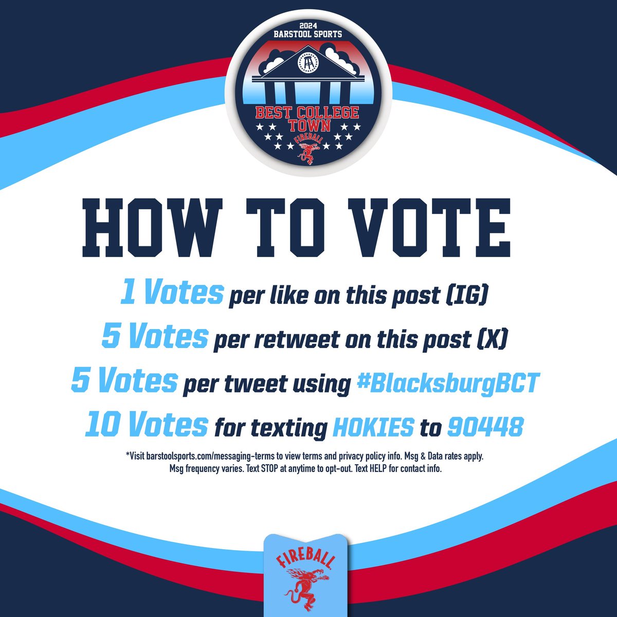 BarstoolVTech's tweet photo. 🚨BLACKSBURG! Round 32 of voting has begun! 🚨

Retweet this post or tweet #BlacksburgBCT on X!

Text HOKIES to 90448! Make sure to confirm so your vote counts! 

Best College Town Round 32 presented by @FireballWhisky https://t.co/V75ETDUg7V