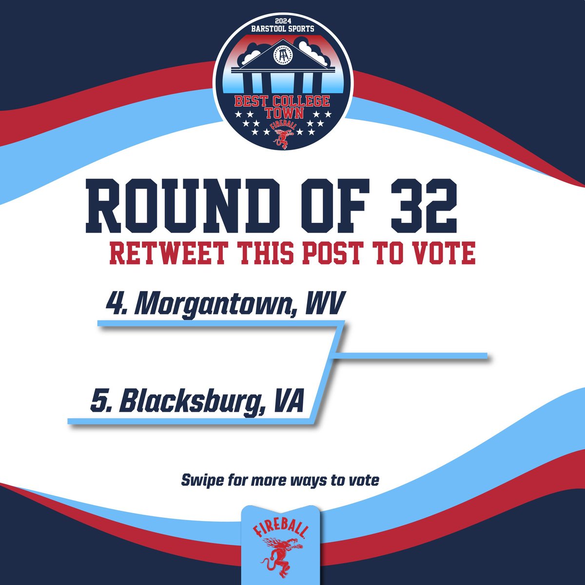 BarstoolVTech's tweet photo. 🚨BLACKSBURG! Round 32 of voting has begun! 🚨

Retweet this post or tweet #BlacksburgBCT on X!

Text HOKIES to 90448! Make sure to confirm so your vote counts! 

Best College Town Round 32 presented by @FireballWhisky https://t.co/V75ETDUg7V