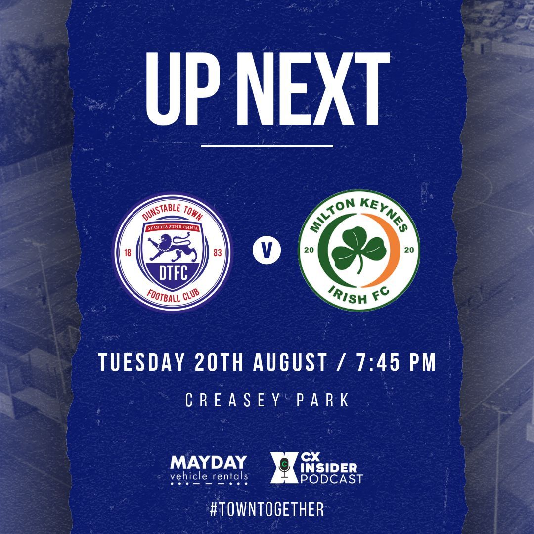📅⚽️ NEXT MATCH ⚽️📅

🏆 SSML Premier Division 
🆚 <a href="/MKIrishFC/">Milton Keynes Irish FC</a>.
🏟️ Creasey Park
📍 LU6 1BB
📆 Tue 20th Aug
⏰ 7.45pm
💰 £9 Adult, £6 Concession, £1 U16
💳 Card accepted
#TownTogether