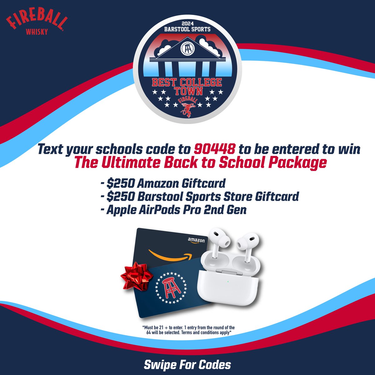BarstoolU's tweet photo. 🚨Round of 32 voting has officially STARTED🚨

Text your school’s code to 90448 for a prize!

Best College Town Round of 32 presented by @FireballWhisky

Winners will be announced 1pm EST Friday 8/23

*Must be 21 to enter. Terms and conditions apply* https://t.co/rrG8kbLrkY