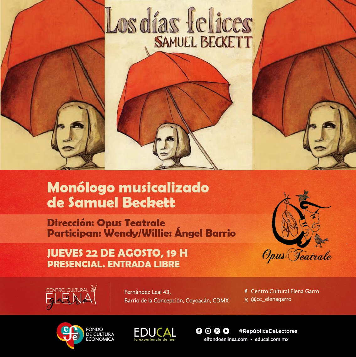 cc_elenagarro's tweet image. #ActividadesCCEG
#Monólogo musicalizado los días felices de Samuel Beckett.
#Concierto de flauta y guitarra. Presentan Rodolfo Vázquez y Ángel Aníbal Álvarez.
#Cine en corto
Presentación de Hawaiano y Tahitiano
#EntradaLibre ¡Los esperamos !
@LibreriasEducal