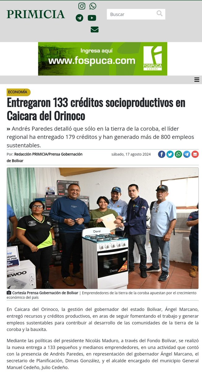 Fondo Bolívar (@fondobolivar22) on Twitter photo #EsNoticia Entregaron 133 créditos socioproductivos en Caicara del Orinoco
<a href="/DiarioPrimicia/">Diario Primicia</a> #EsNoticia Entregaron 133 créditos socioproductivos en Caicara del Orinoco
<a href="/DiarioPrimicia/">Diario Primicia</a>
