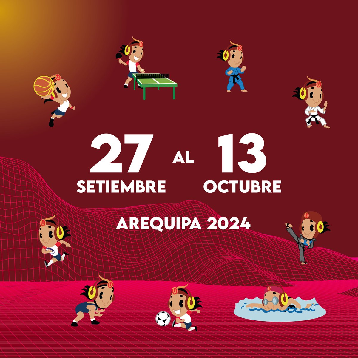 perufedup's tweet photo. ¡La fiesta deportiva universitaria más grande del Perú está por comenzar! 🏅🏆💪
Del 27 de septiembre al 13 de octubre, Arequipa 2024 será sede de más de 7,000 atletas universitarios compitiendo en múltiples disciplinas. https://t.co/g08BaJjQGy