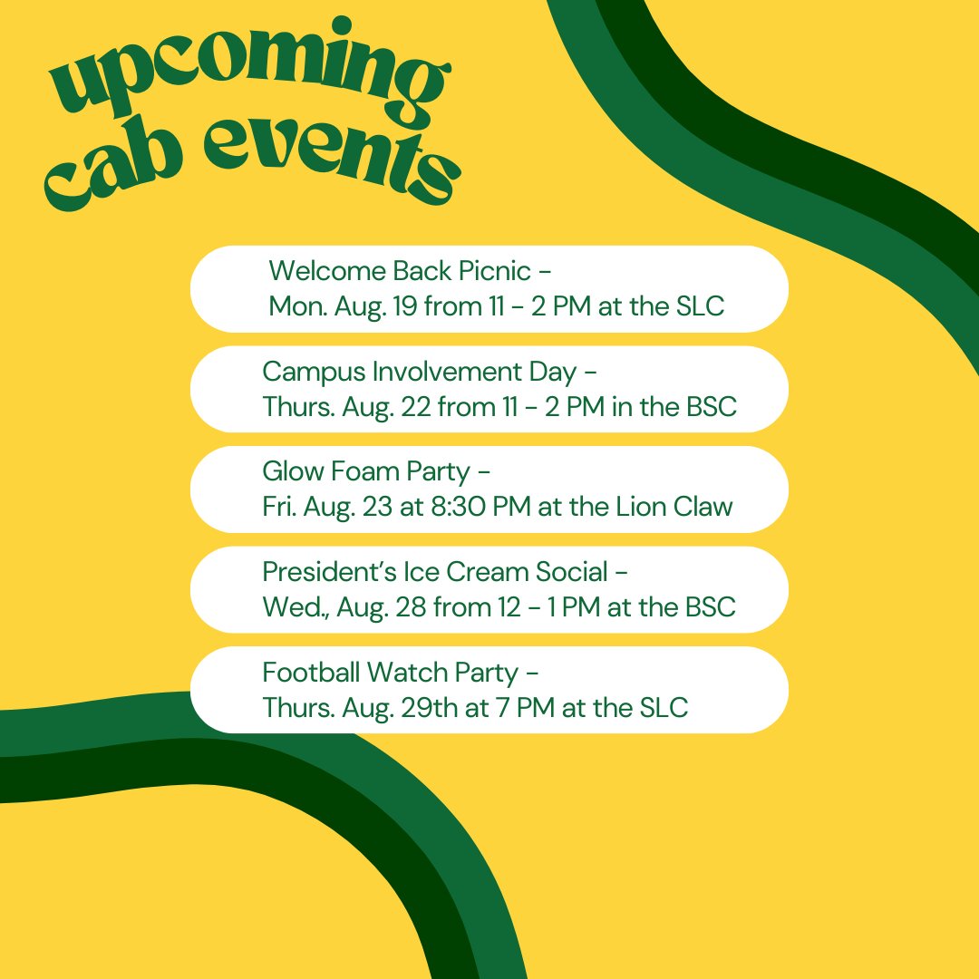 HAPPY FIRST DAY OF CLASSES, LIONS!!!

We missed your faces, it's so good to see everyone again! Here's some of the events we have coming up, we hope to see you there!