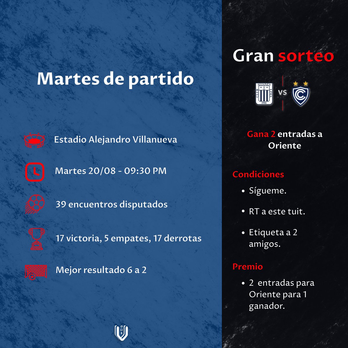 vicalrl's tweet photo. 🎉 ¡SORTEO! 🎟️⚽️ El martes vamos en el estadio, actualmente estamos compartiendo la punta en la tabla. Por eso más que nunca debemos alentar, ya que el Clausura no ha terminado. Por ello, hago un sorteo de 2 ENTRADAS Oriente para el encuentro entre Alianza Lima vs Cienciano e ir juntos a alentar a nuestro equipo.

Para participar:

1⃣ Sígueme.
2⃣ RT de este tuit.
3️⃣ Etiqueta a 2 amigos (as).

¡Mucha suerte! 🍀🎊
#AlianzaLima
#SorteoVical