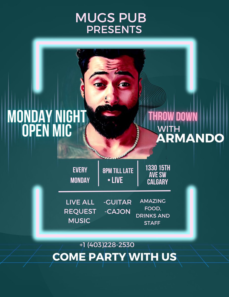 MugsPubCalgary's tweet photo. Monday at Mugs! It’s Jam Night with Armando!
Monday Specials:
-$6 PBR Tall Cans and Pints!
-$2 Off Sandwiches!
-$5 Jim Beam!
Happy Hour is 4-7! Kitchen is open until midnight!
#yyc #yycpubs #yycbeer #yyceats #yycmusic #yycmusicscene #yycmusicians #yychappyhour https://t.co/DIAJazOd8U