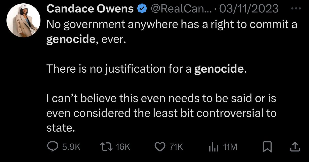 CensoredMen's tweet photo. Candace Owens has been under constant attack since last year.

I want everyone to remember that one tweet in particular that riled Zionists up was this one:

“There is no justification for a genocide.”

A completely fine thing to say.

Everyone with a sane mind should agree with this.

But it absolutely set Zionists off.

They couldn't BELIEVE that she never gave Israel the free pass for genocide.

Since then, she’s been under attack by multiple Zionist influencers, multiple Rabbis, and multiple media platforms.

And now that she’s had enough and decides to stand up for herself by calling out America’s relationship with Israel and talking about parts of history that we’ve been lied to about, she’s getting attacked again, and much harder than last time.

They can’t STAND it when a conservative influencer starts to question the ‘Judeo-Christian’ narrative we’ve been sold all these years.

They can’t STAND it when a Christian puts her Christian beliefs FIRST before her support of Israel.

I mean the Daily Wire leaks pretty much made it clear that she got fired for saying Christ Is King.

I STAND WITH CANDACE OWENS.