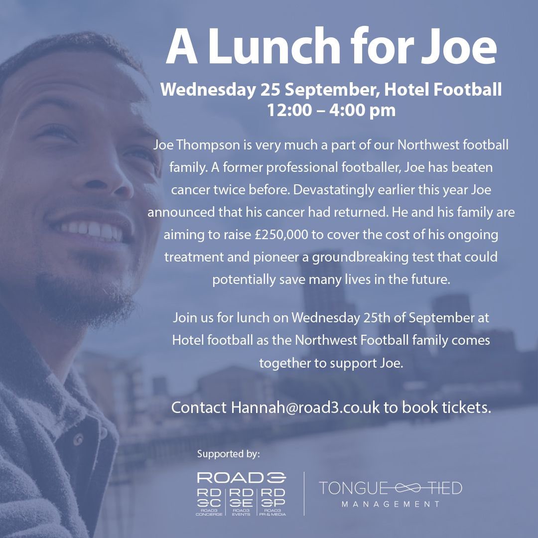 Tongue Tied Management (@ttmanagement_) on Twitter photo Join us to support <a href="/IAmJoeThompson/">Joe Thompson</a> and the rest of the football family in the fight against cancer👊❤️
🗓️Wednesday 25th September
📍Hotel Football, Manchester
Booking is available via the link below🔗
docs.google.com/forms/d/e/1FAI… Join us to support <a href="/IAmJoeThompson/">Joe Thompson</a> and the rest of the football family in the fight against cancer👊❤️
🗓️Wednesday 25th September
📍Hotel Football, Manchester
Booking is available via the link below🔗
docs.google.com/forms/d/e/1FAI…