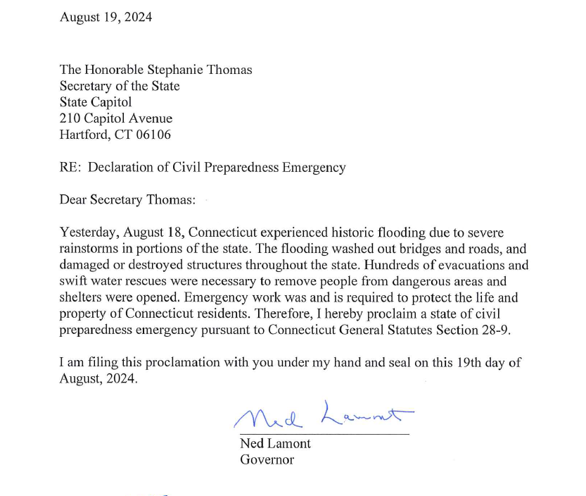 GovNedLamont's tweet photo. I have signed a state of emergency declaration in response to the historic flooding that caused extensive damage in Connecticut. This declaration can help expedite some of the resources needed for us to respond, including potential federal support. https://t.co/mOvsbEBVfR
