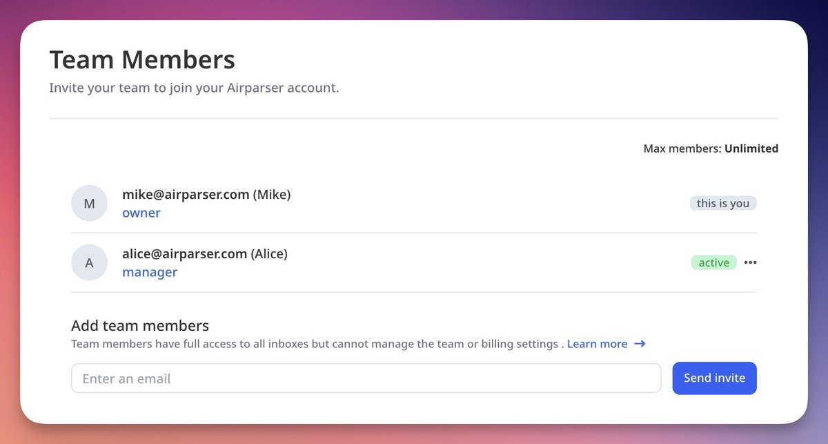 👯 Teamwork just got easier! Invite unlimited members to your Airparser account. Let’s get parsing! 🙌
Docs: help.airparser.com/account-billin…