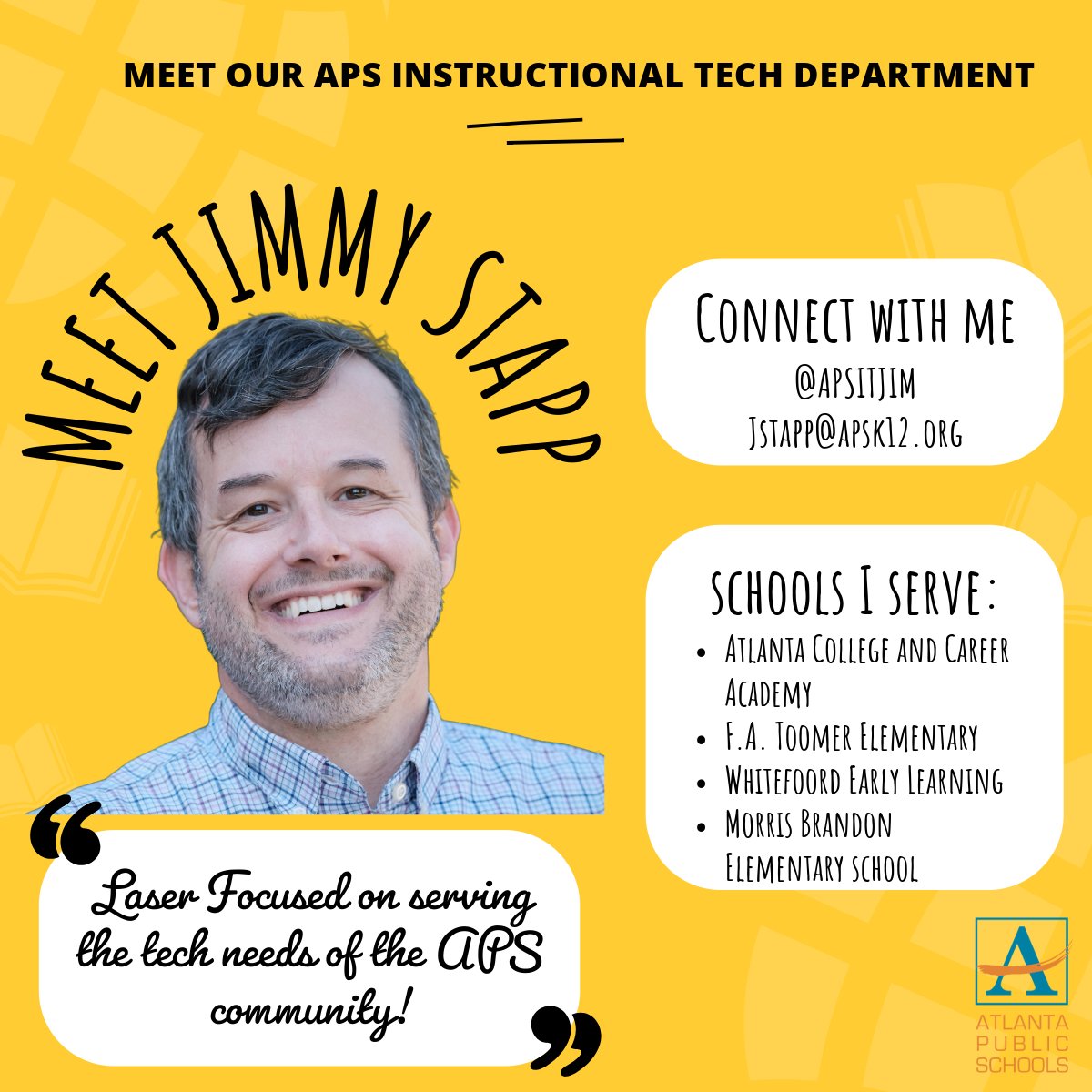 APS IT Department (@apsinstructtech) on Twitter photo 📢Meet <a href="/APSITJim/">Jimmy Stapp</a>, Ed Tech Specialist for
<a href="/AtlantaCCAcad/">Atlanta College and Career Academy</a>, <a href="/ToomerES/">Toomer Elementary School</a>, <a href="/MorrisBrandonES/">Morris Brandon Elementary School</a>! He's ready to focus on supporting and empowering 👨🏫👩🏫 to effectively integrating tech into instruction! <a href="/apsitnatasha/">Dr. Natasha Rachell</a> <a href="/ahrosser/">Aleigha H-Rosser EdD</a> <a href="/MattSmithEdLD/">Matt L. Smith, Ed.L.D.</a> 📢Meet <a href="/APSITJim/">Jimmy Stapp</a>, Ed Tech Specialist for
<a href="/AtlantaCCAcad/">Atlanta College and Career Academy</a>, <a href="/ToomerES/">Toomer Elementary School</a>, <a href="/MorrisBrandonES/">Morris Brandon Elementary School</a>! He's ready to focus on supporting and empowering 👨🏫👩🏫 to effectively integrating tech into instruction! <a href="/apsitnatasha/">Dr. Natasha Rachell</a> <a href="/ahrosser/">Aleigha H-Rosser EdD</a> <a href="/MattSmithEdLD/">Matt L. Smith, Ed.L.D.</a>