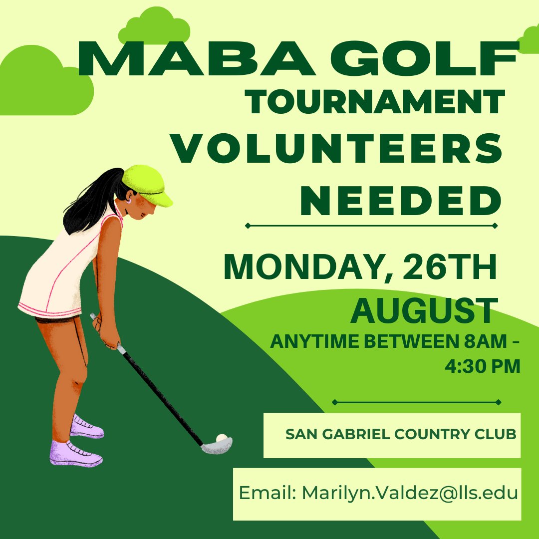 Attention law students 📣 Volunteers are needed for MABA's upcoming golf tournament. You must be available on Monday, August 26th between 8 a.m. to 4:30 p.m. 

If you are interested please email marilyn.valdez@lls.edu