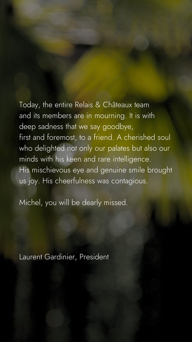 Relais & ChĂąteaux (@relaischateaux) on Twitter photo An undisputed figure in the landscape of French and global gastronomy, founder of "La Cuisine SantĂ©," and a three-Michelin-starred chef since 1977, Michel GuĂ©rard, who dedicated himself to his renowned property, Les PrĂ©s dâEugĂ©nie, has left us. An undisputed figure in the landscape of French and global gastronomy, founder of "La Cuisine SantĂ©," and a three-Michelin-starred chef since 1977, Michel GuĂ©rard, who dedicated himself to his renowned property, Les PrĂ©s dâEugĂ©nie, has left us.