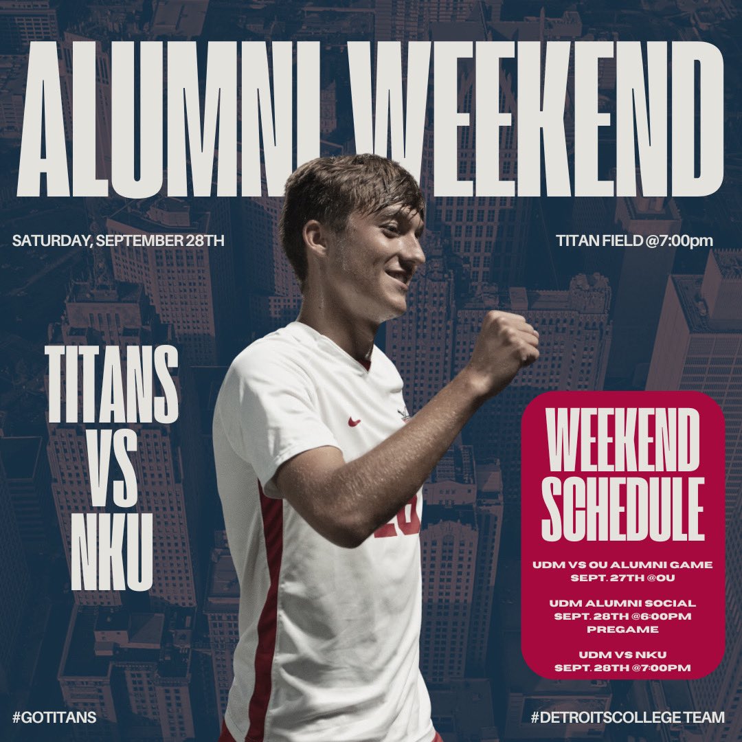 UDMSoccer's tweet photo. CALLING ALL MSOC ALUMNI‼️
Alumni Weekend is coming up and we are excited to announce our events centered around your return to the 313⚔️⚽️

Visit the link to…
•Register for any and all events
•Update your information to stay in touch with the team

https://t.co/TNDueisYqT https://t.co/6CrzKPdheo