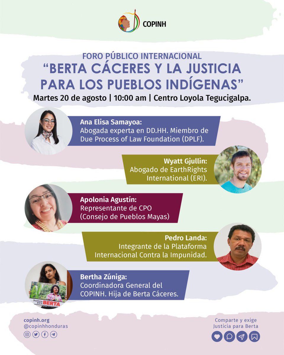 📢Foro: “Berta Cáceres y la justicia para los pueblos indígenas”

📌Se abordará el estado actual del caso de Berta Cáceres y orgs compartirán experiencias de lucha y resistencia

📅Martes 20 de agosto
📍Centro Loyola
⏰10AM
🔗Facebook Live en Copinh: bit.ly/3yC5R9b
