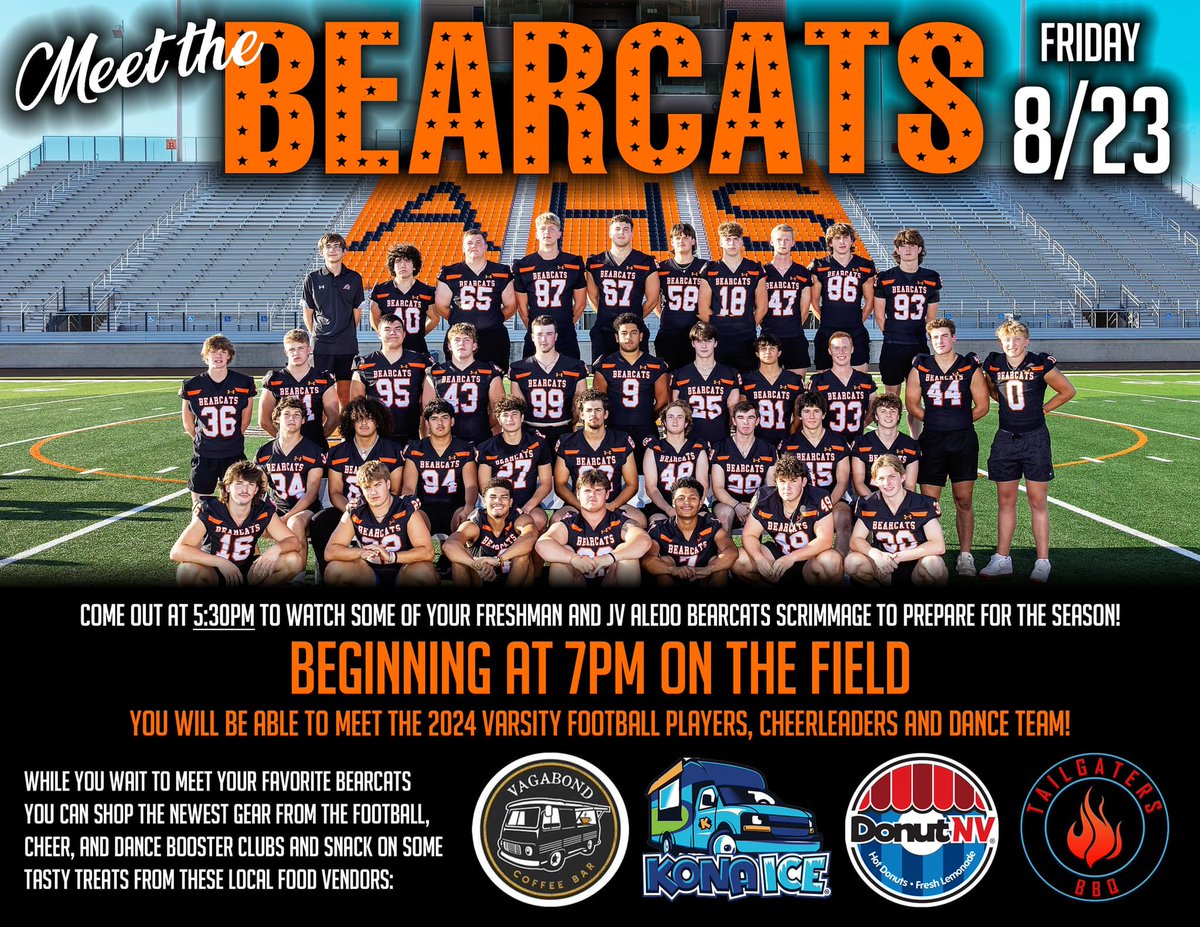 AledoHFC's tweet photo. Meet the Bearcats is happening at 7 p.m. this Friday, Aug. 23, at Tim Buchanan Stadium. Autographs, merch, food trucks and more! We can't wait to see all of our Bearcat fans there! #miabd #ptt https://t.co/9CRofhtGIu