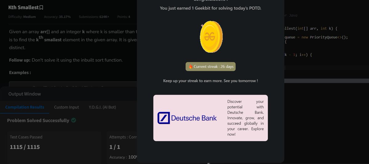 genzkoder's tweet image. Day 26 of #GeekStreak2024: Solved Today&apos;s Problem of the Day
@GeeksforGeeks

🧑‍💻 Check out the problem here:    geeksforgeeks.org/problems/kth-s…

#geekstreak2024 #Coding #30DaysOfCode #GeeksforGeeks #potd #geeksforgeeks