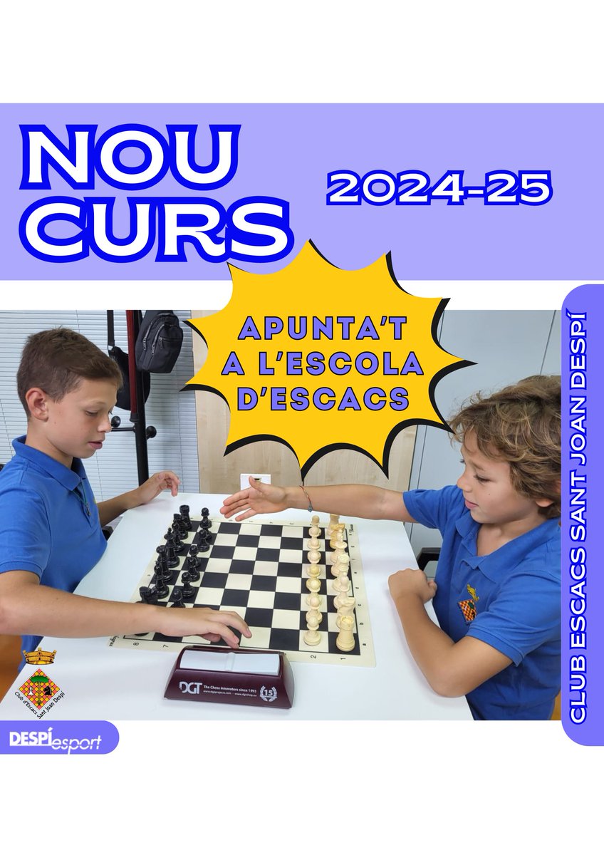 Vols aprendre a jugar els escacs?
Impartim classes d'#escacs a partir dels 5 anys

Nivell Avançat: 19/09/2024
Nivell inicial: 20/09/2024
Horari: 17.30 a 19.00

📌INSCRIU-TE:  forms.gle/cdCo3tHayjQXuL… 

<a href="/DESPIesport/">DESPÍesport</a>