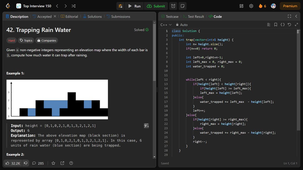 mogha_naina's tweet photo. 🚀 Just solved a tricky problem on trapping rainwater! 🌧️ It was a tough one, but I managed to get it done using the two-pointer technique in C++. Proud of my solution and the progress I'm making every day. 💪

#100DaysOfCode #LeetCode #Coding #Cplusplus #Programming https://t.co/qCWyXGW9ou