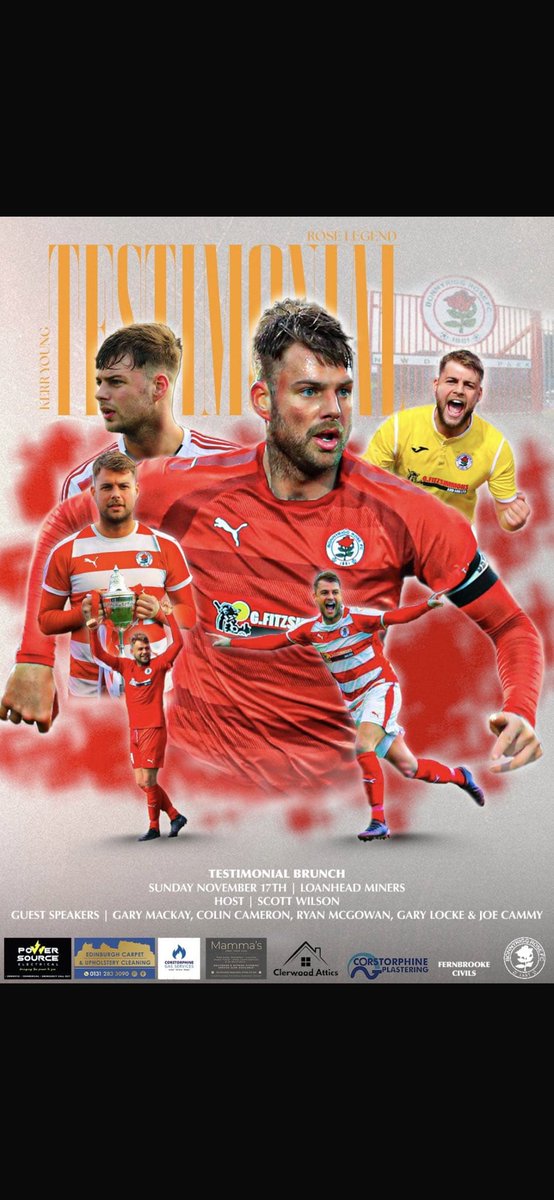 🌹We are delighted announce the details of our Captain Kerr Young's Testimonial Brunch on Sunday 17th November @ 12.30pm
👉Loanhead Miners Club EH20 9AQ.
👏Kerr has been an excellent servant to the club for the past 10 seasons.
🤳Please call Ross McNeil for tickets on 07889