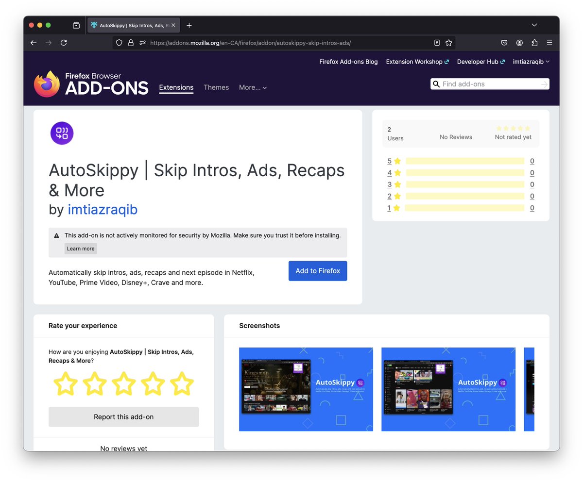 ImtiazRaqib's tweet photo. 🚀 Some exciting news! AutoSkippy is now live on the Firefox Add-ons store! 🎉

Automatically skip intros, ads, recaps, and more on Netflix, YouTube, Prime Video &amp; Crave.

Stream smarter: https://t.co/OJghTE594V 🔥 https://t.co/ykJFwnEi3C